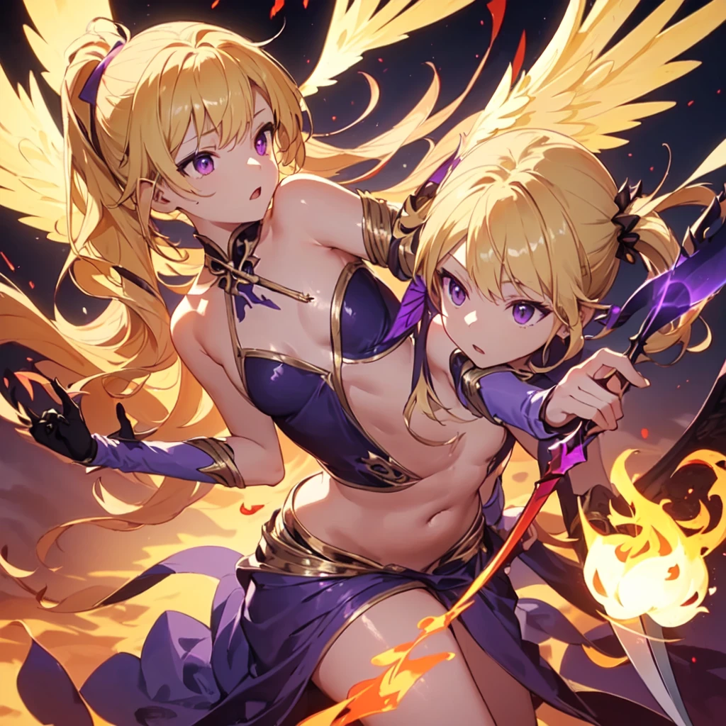 ((Highest quality))(((One person)))(Anatomically correct)(long side ponytail 1.4)(detailed),Turned this way, Angelic,Wrapped in flames((Small breasts))(Young)((Large wings))((Wearing a fluttering robe))((Long blonde hair))((Holding a spear with a sickle))(Wearing flames)((Purple Eyes))Mysterious Temple