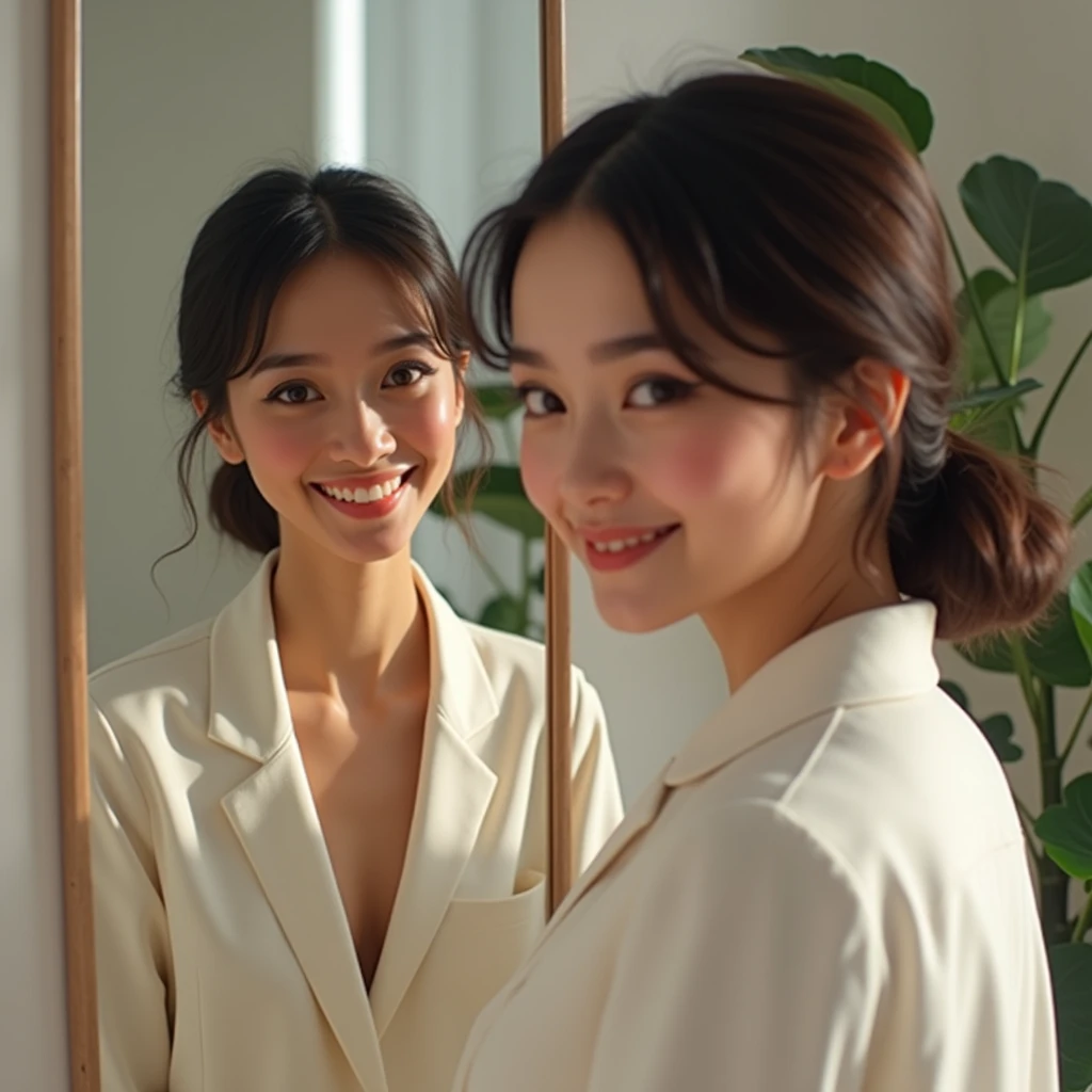 A mirror reflecting a smiling, confident person
