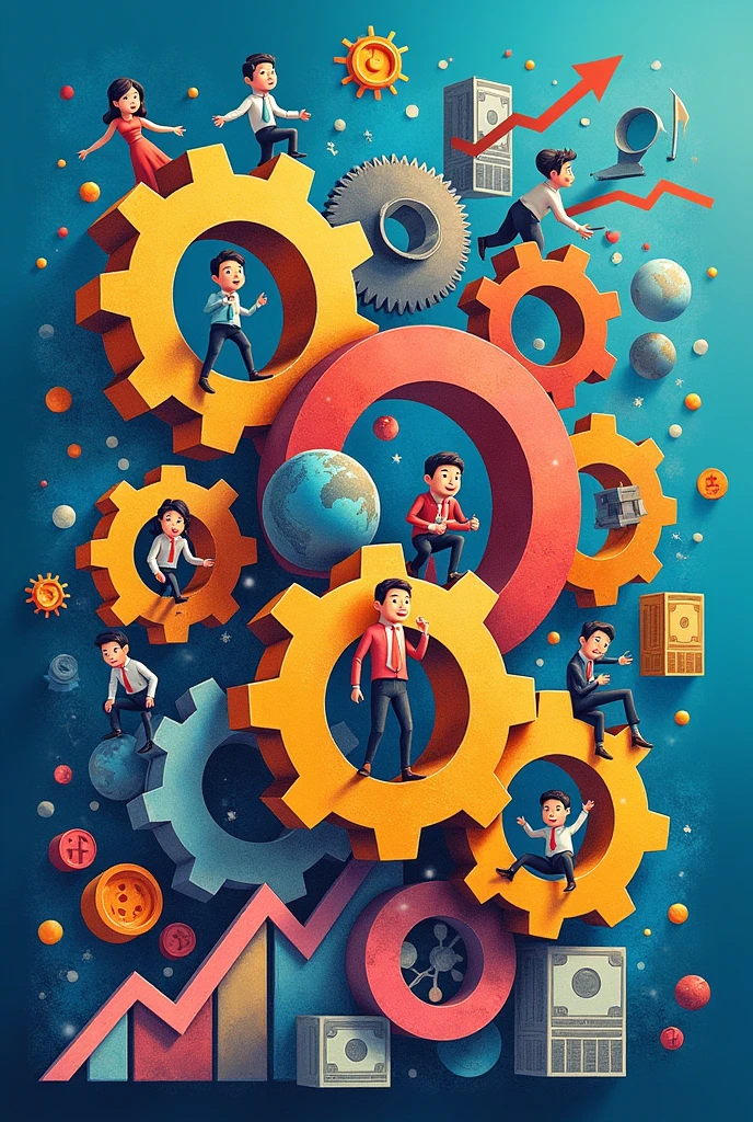 Create three-dimensional gears, circles, and squares, currency, graph lines, and many businessman and businesswoman images. Using watercolor and mixed media Use bright colors The light source is in the upper right corner,background blue. --ar 2:3