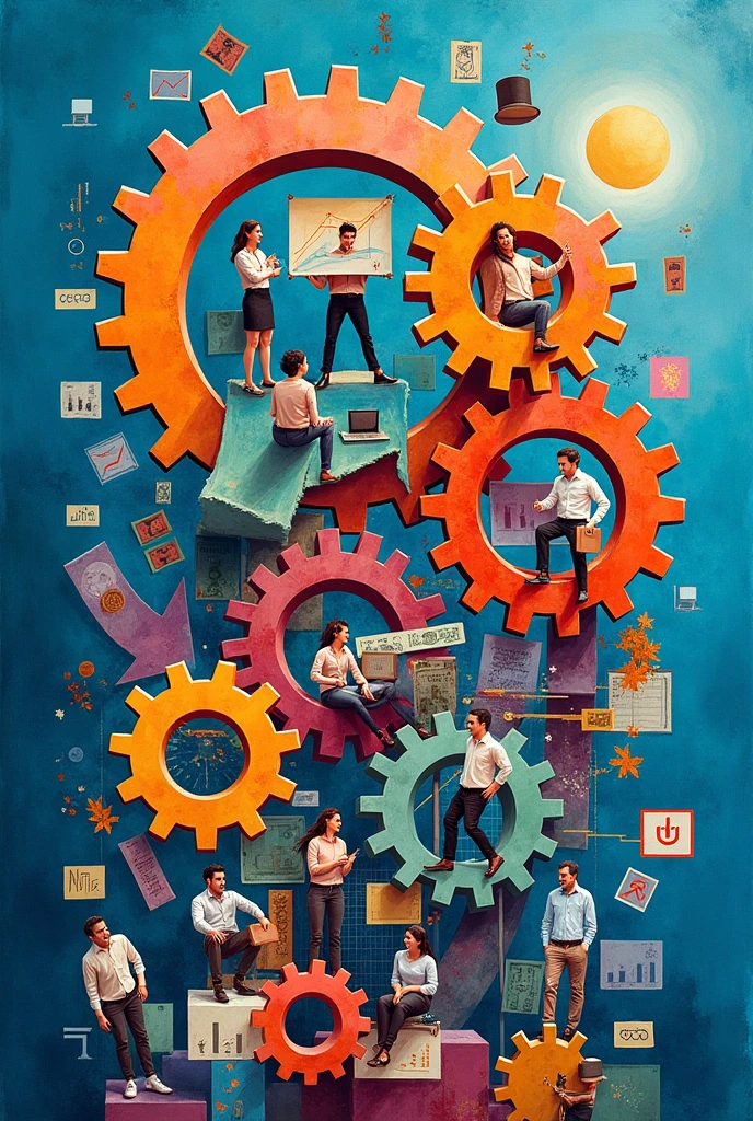 Create three-dimensional gears, circles, and squares, currency, graph lines, and many businessman and businesswoman images. Using watercolor and mixed media Use bright colors The light source is in the upper right corner,background blue. --ar 2:3