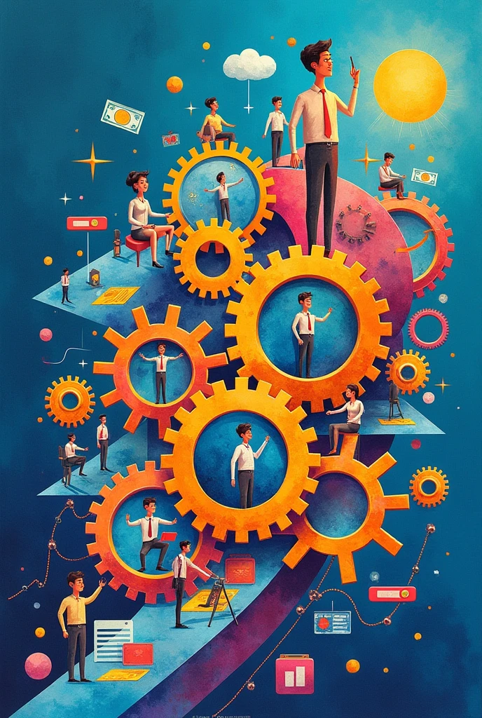 Create three-dimensional gears, circles, and squares, currency, graph lines, and many businessman and businesswoman images. Using watercolor and mixed media Use bright colors The light source is in the upper right corner,background blue. --ar 2:3