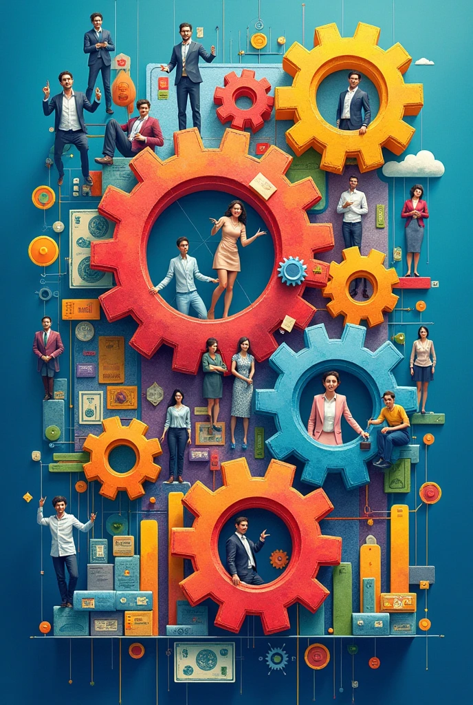 Create three-dimensional gears, circles, and squares, currency, graph lines, and many businessman and businesswoman images. Using watercolor and mixed media Use bright colors The light source is in the upper right corner,background blue. --ar 2:3