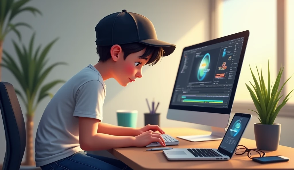 A boy is sitting on a chair, a computer is kept on the table, he is editing video in it. The boy is wearing a black cap, blue jeans, white T-shirt, he has kept a pen, a computer, laptop, mobile, glasses are kept on the table.