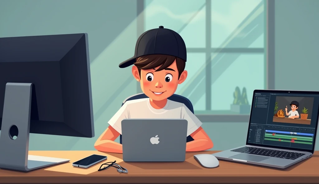 A boy is sitting on a chair, a computer is kept on the table, he is editing video in it. The boy is wearing a black cap, blue jeans, white T-shirt, he has kept a pen, a computer, laptop, mobile, glasses are kept on the table.