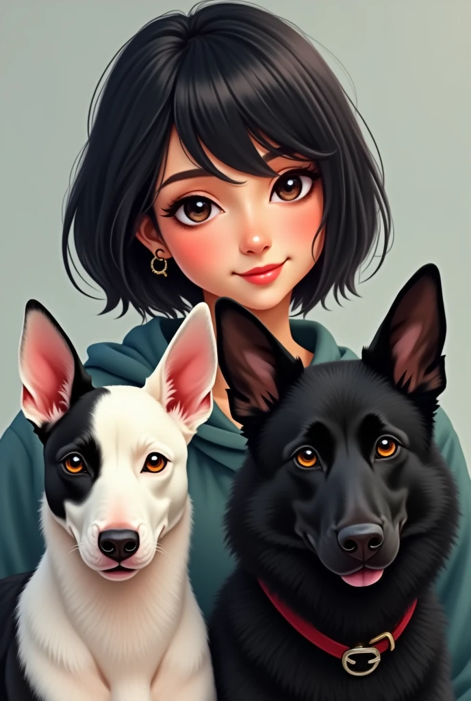 Young American woman short straight black hair with 2 dogs, an English bull terrier with a curved white head and a black ear and a totally black calupoh wolfdog