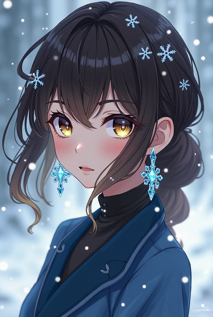 Anime demon slyaer Cor : brunette hair : dark brown color straight and curly at the ends and blonde at the ends Her hair full of little snowflakes Dark brown eyes , light blue and gold your bright pupils Your pupil a snowflake Freckles across your face Your pretty and sweet appearance Your eyelashes like a snow full of flakes Earrings of ice Scar : in hand , on the arm and back and groin and also in the mouth Behavior : neutral and serious Samurai