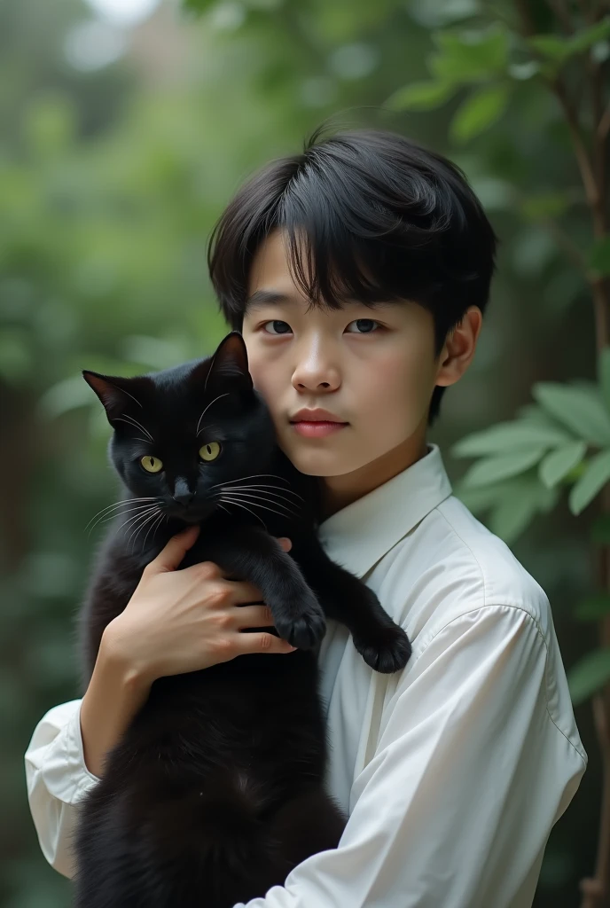 Create a realistic photo of a charismatic, cute, innocent looking and pretty boy at the age of 20 filipino-korean seminarian in white sonata holding a vampire black cat. I will use it as a cover in my novel about a boys love story of a seminarian and vampire.
