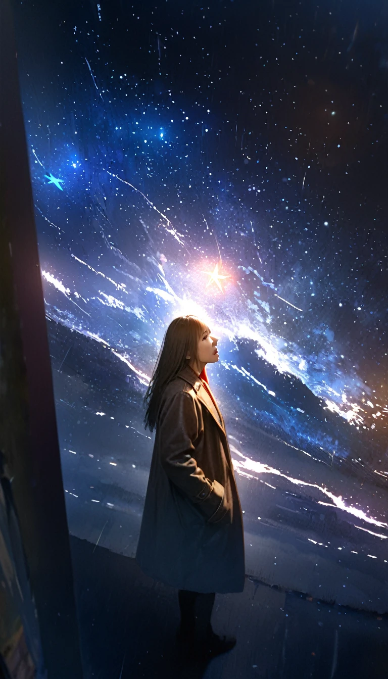 a young woman with long hair standing in a winter night sky, looking up at the beautiful starry sky, long exposure of the night sky with circular star trails, distant photo, winter, stars, night sky, silhouette, coat pockets, (best quality,4k,8k,highres,masterpiece:1.2),ultra-detailed,(realistic,photorealistic,photo-realistic:1.37),HDR,UHD,studio lighting,ultra-fine painting,sharp focus,physically-based rendering,extreme detail description,professional,vivid colors,bokeh,landscape,photography