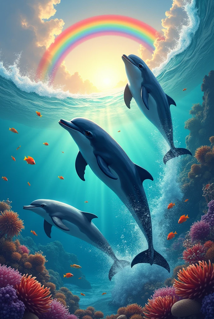 semi realistic dolphins jumping in the sea with a rainbow behind and fish in the water, everything exaggeratedly colorful
