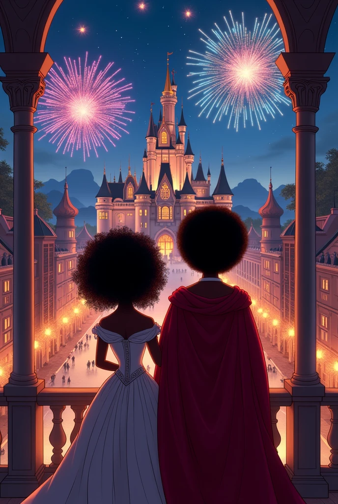 A king and a queen, both being black, the woman being chubby and short with curly hair down to her shoulders and the man having dark Afro hair, both looking down from a castle at a city setting off fireworks in the old Disney style