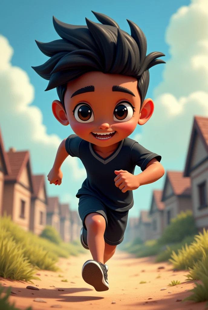 Disney pixar cartoon,jung, age 25, Bblack hair, dark-skinned, Scrawny, Cao Cao, sign near the right eye, beautiful smile, eyes narrower, sprinting ,Titulo (the adventures of a liar) eyes black, black jersey