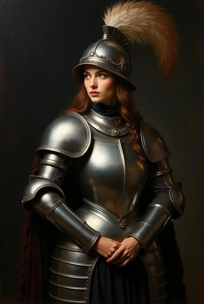 masterpiece, Baroque, high contrast, realism, Black background, rembrant painting style, Woman in armor, and metal helmet with feather, very bright, a lot of detail, old painting style, Baroque, oil painting,