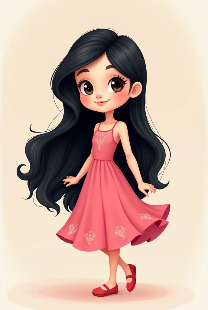 Girl long black hair cartoon full body with pink dress