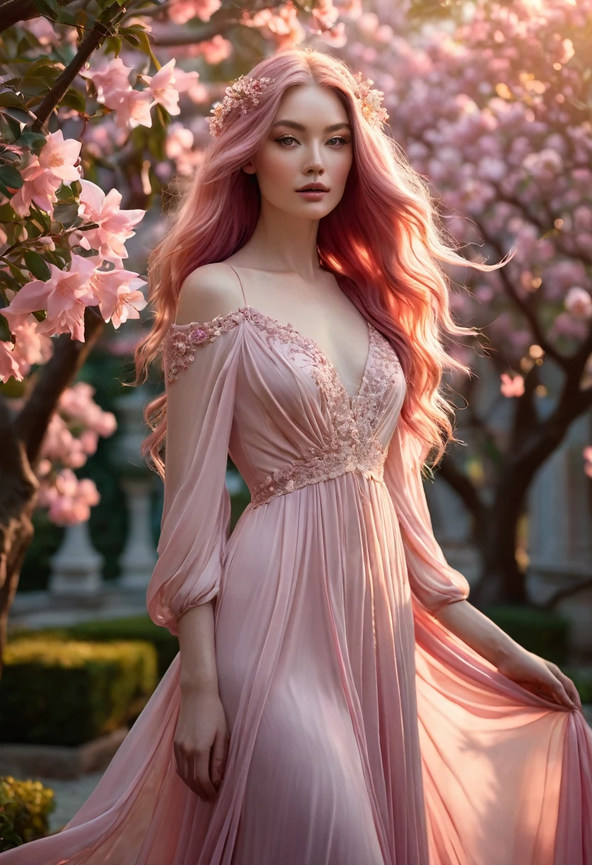 A woman, elegant and charming, she is a vision of grace and serenity, she has delicate elfin features, long, flowing hair in soft shades of pink, reminiscent of blossoming petals, (((a woman with long, pink hair 1.75))) (((extremely beautiful))), with flawless porcelain skin, standing in a tranquil garden filled with pink trumpet tree leaves at twilight, bathed in the soft glow of the setting sun, soft and romantic palette, a flowing blush-colored dress that hugs her figure and flows like a silken river, pink eyes that shine with gentleness and depth, 8K, ethereal and balanced, extremely detailed (high quality, realistic, photorealistic: 1.37), ideal proportions and radiant, smooth skin, meticulously crafted features, unapproachable beauty, perfection, artistic art, vivid realism, hyper-detailed sculpting, realistic forms, truly inspiring, impeccable craftsmanship, pure brilliance, ethereal beauty, delicate contours, striking poses, sublime beauty, subtle nuances, dynamic compositions, soft shadows, perfect lighting, serene expressions, celestial aura, majestic presence, dreamlike atmosphere, unparalleled detailed high-octane rendering, trending on artstation, 8k art photography, photorealistic concept art, cinematic volumetric soft natural light, chiaroscuro, award-winning photography, fine art, oil on canvas, beautiful, detailed, intricate, serene