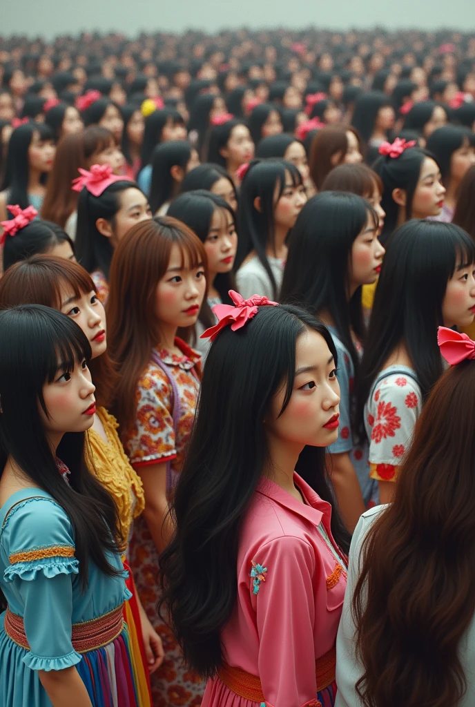 3000 long-haired, realistic Asian girls wearing Harajuku clothes stand in a small room
