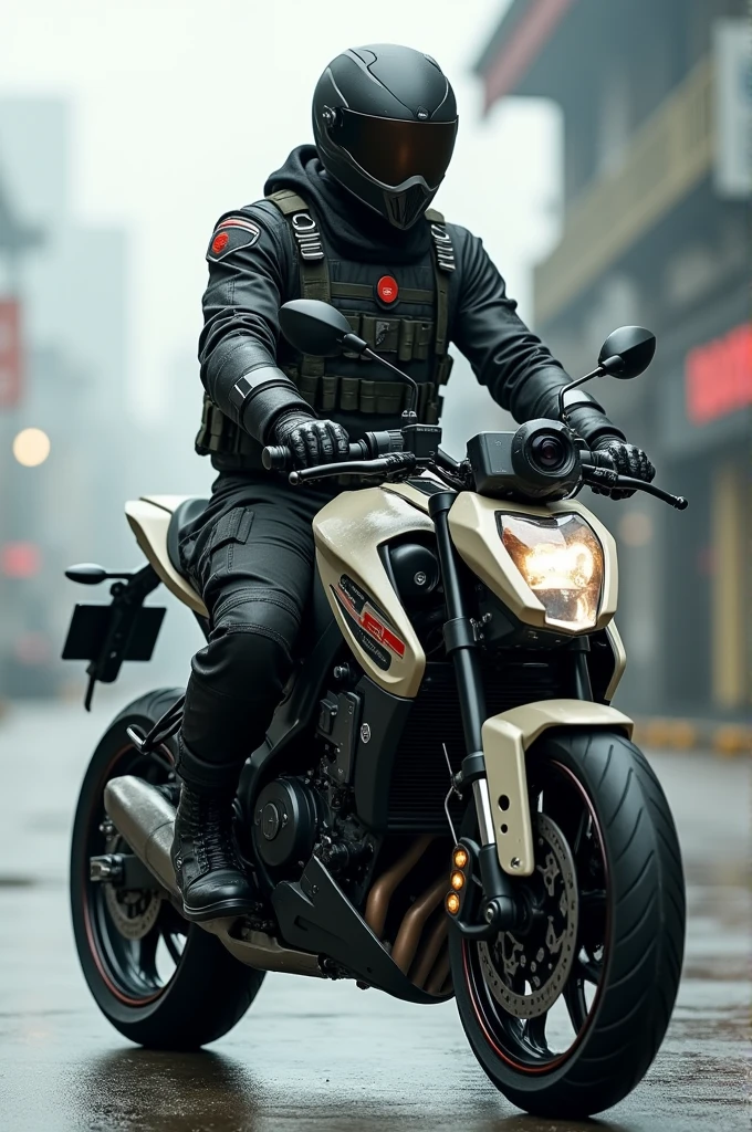 A man sitting on a Ninja H2 bike is wearing a soldier's dress and a camera is also installed on the bike.