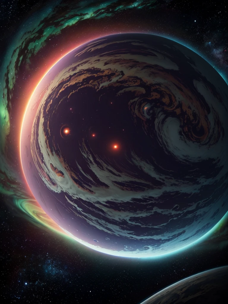 a massive gas giant planet, extremely detailed, ultra-detailed, hyperrealistic, photorealistic, 8k, high-resolution, cinematic lighting, dramatic atmosphere, swirling clouds, intense colors, glowing auroras, detailed surface features, menacing and imposing presence, seen from the surface of a nearby planet, awe-inspiring scale, beautiful, epic, dramatic