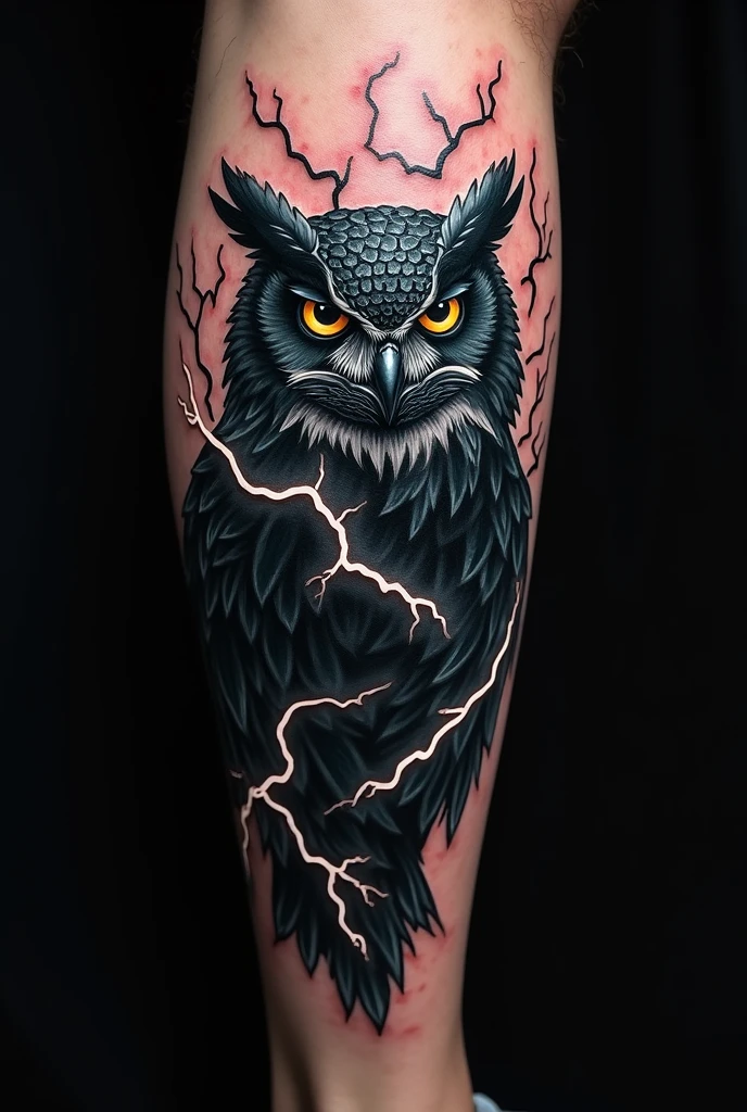 An black owl and lightinings tattoo design  on calf 

