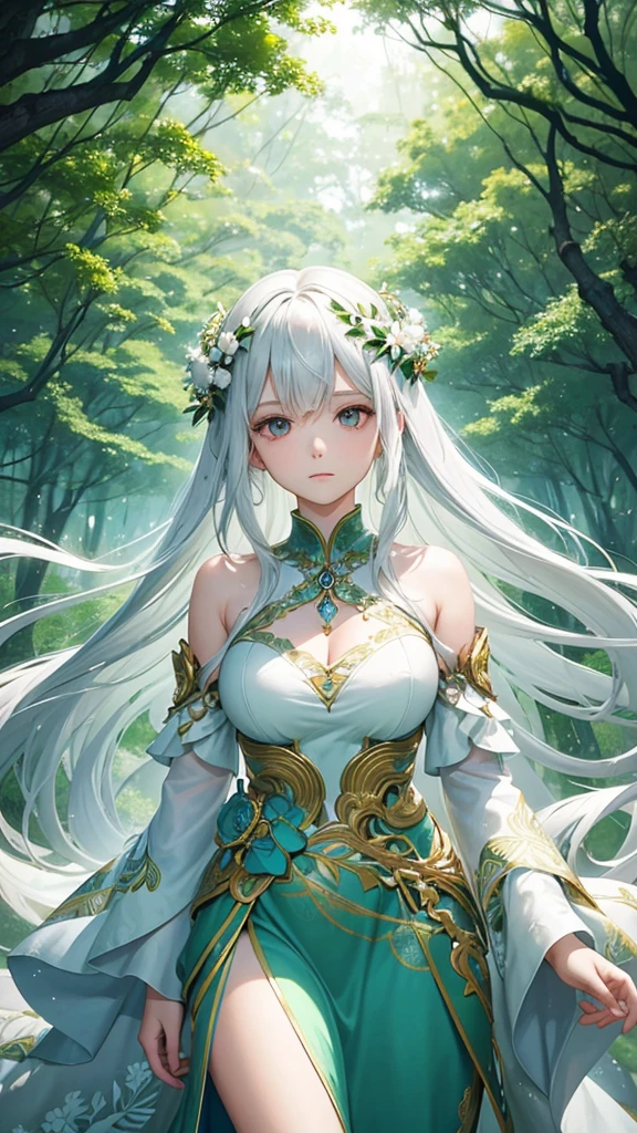 "Create a digital anime style illustration of a beautiful forest goddess。, Flowing white hair. She should wear a detailed all-over white dress decorated with leaf and floral patterns., Perfect for a fantasy theme. The design should expose less skin, Especially around the chest and shoulders, Use additional fabric or natural elements such as leaves and vines to cover. Characters should have an elegant and mature appearance, Look Around 2, With expressive eyes and a calm expression. The background is rich, A mysterious forest woven with soft light and shining plants, Enhance the mystical atmosphere."