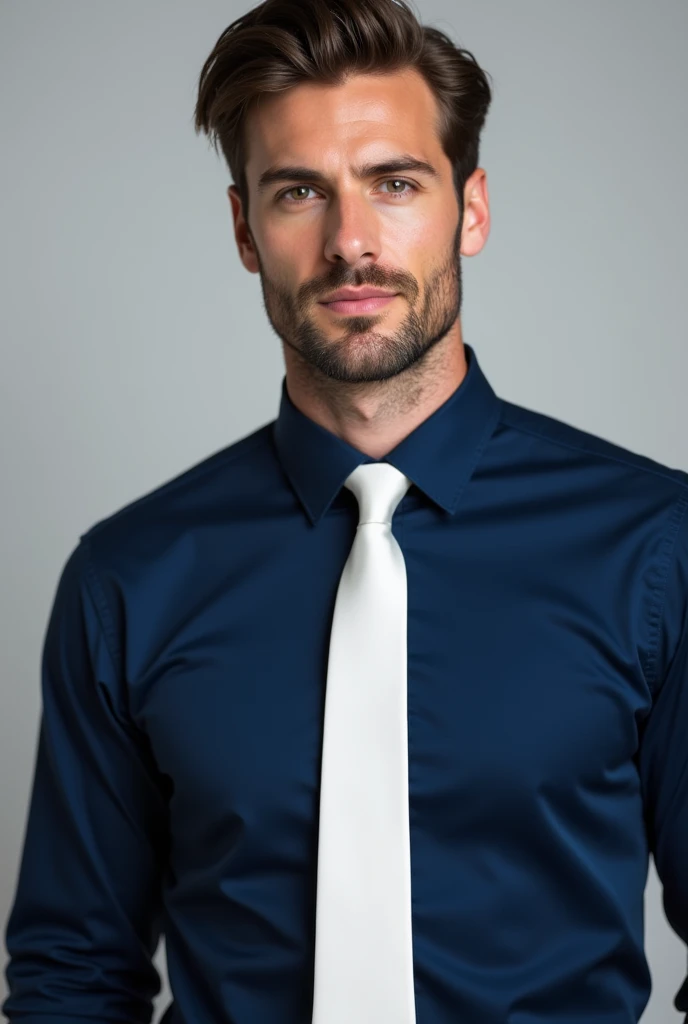 Picture a man wearing a dark blue shirt and a white tie. The shirt could be a classic, solid blue with a smooth texture, and the tie should be crisp and bright white, adding a sharp contrast. The man might have his hair neatly styled, and you could choose a neutral background to keep the focus on the attire