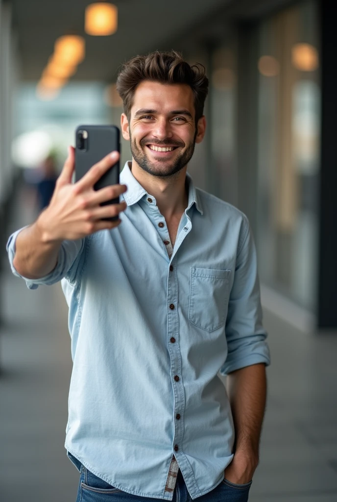 Make a realistic photo of a man taking a selfie making the number 3 with his fingers without looking like a