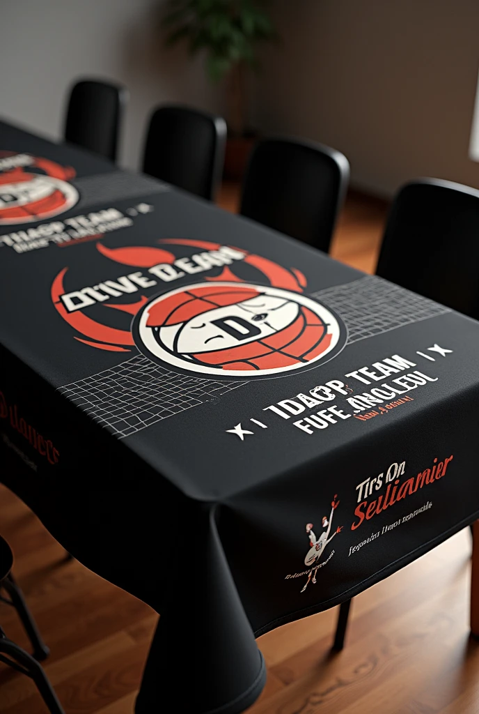 Make a tablecloth for a club called DREAM TEAM with a logo that says DT and also shows the city called TACNA and the tablecloth has a black background., The tablecloth is for the sport VOLLEYBALL so it has to contain something on the tablecloth that is about volleyball., which is to hang and encourage the team, with a motto that says ALWAYS WINNERS or something similar to encourage the team