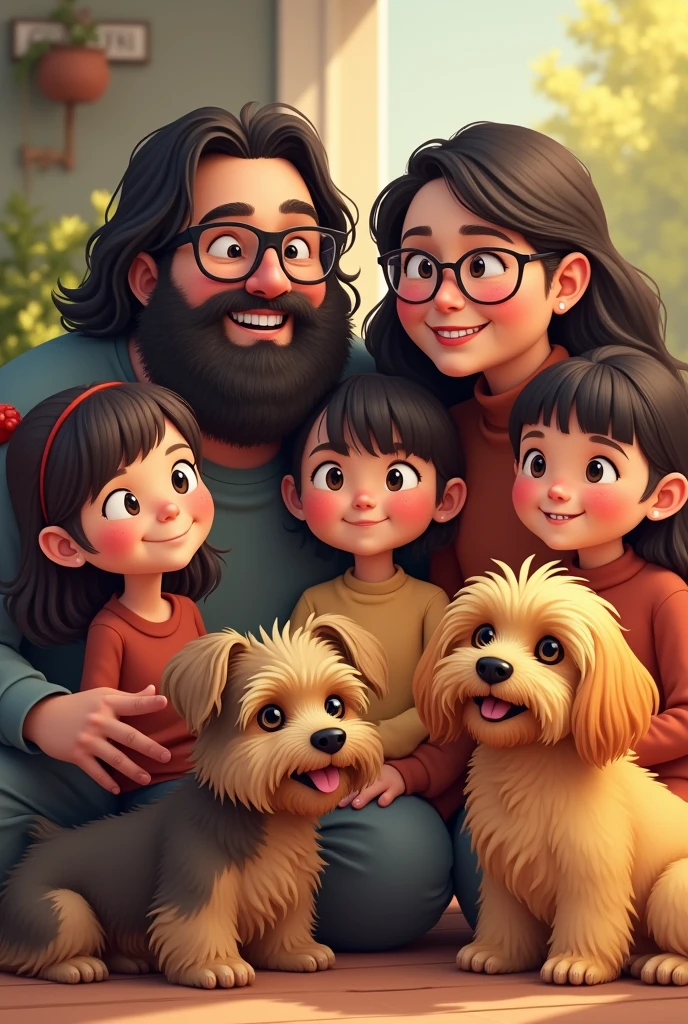 A chubby man with a dark beard, long hair and black glasses with a chubby woman with braces and glasses with shoulder-length hair, a chubby girl with long hair and a mole near her mouth ,A thin girl with hair below her shoulders, one with hair above the shoulder and with bangs, a small dog with curly hair of the Yorkshire breed and another dog of the Yorkshire breed in yellow color. 
