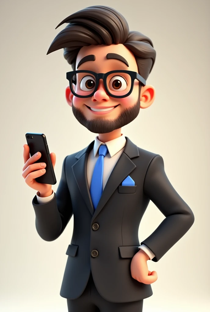 A full body 3D cartoon character. He has a friendly and charismatic appearance. The character is a young man with fair skin, a beard and dark brown hair combed up, thick eyebrows, large brown eyes and wears glasses. He is smiling confidently. The character is dressed formally, wearing a black suit, white shirt and blue tie. In his jacket pocket is a blue handkerchief, matching his tie. He is holding a cell phone in one hand and the other is pointing at the cell phone. Your posture and relaxed posture suggest confidence and ease. The background of the image is neutral, which highlights the character even more.