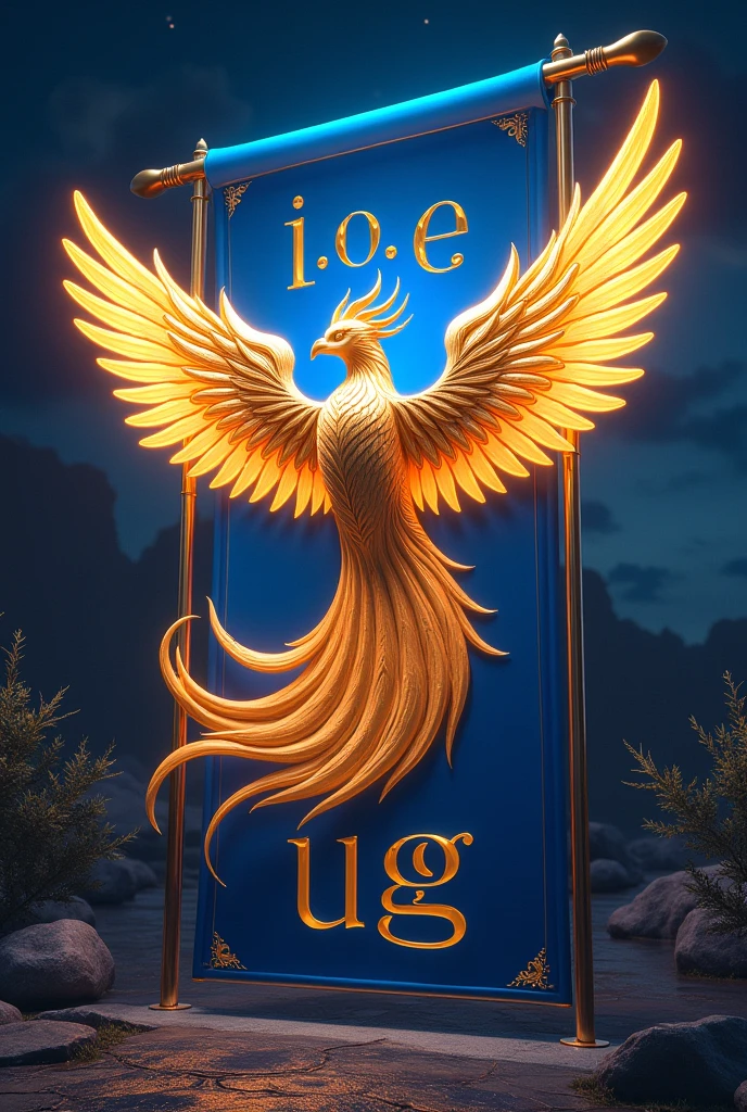 BLUE BANNER night, with gold letters, what say :
I. E and below UG in large size; and below that there is a female phoenix in gold and below the phoenix PROMOTION 2003