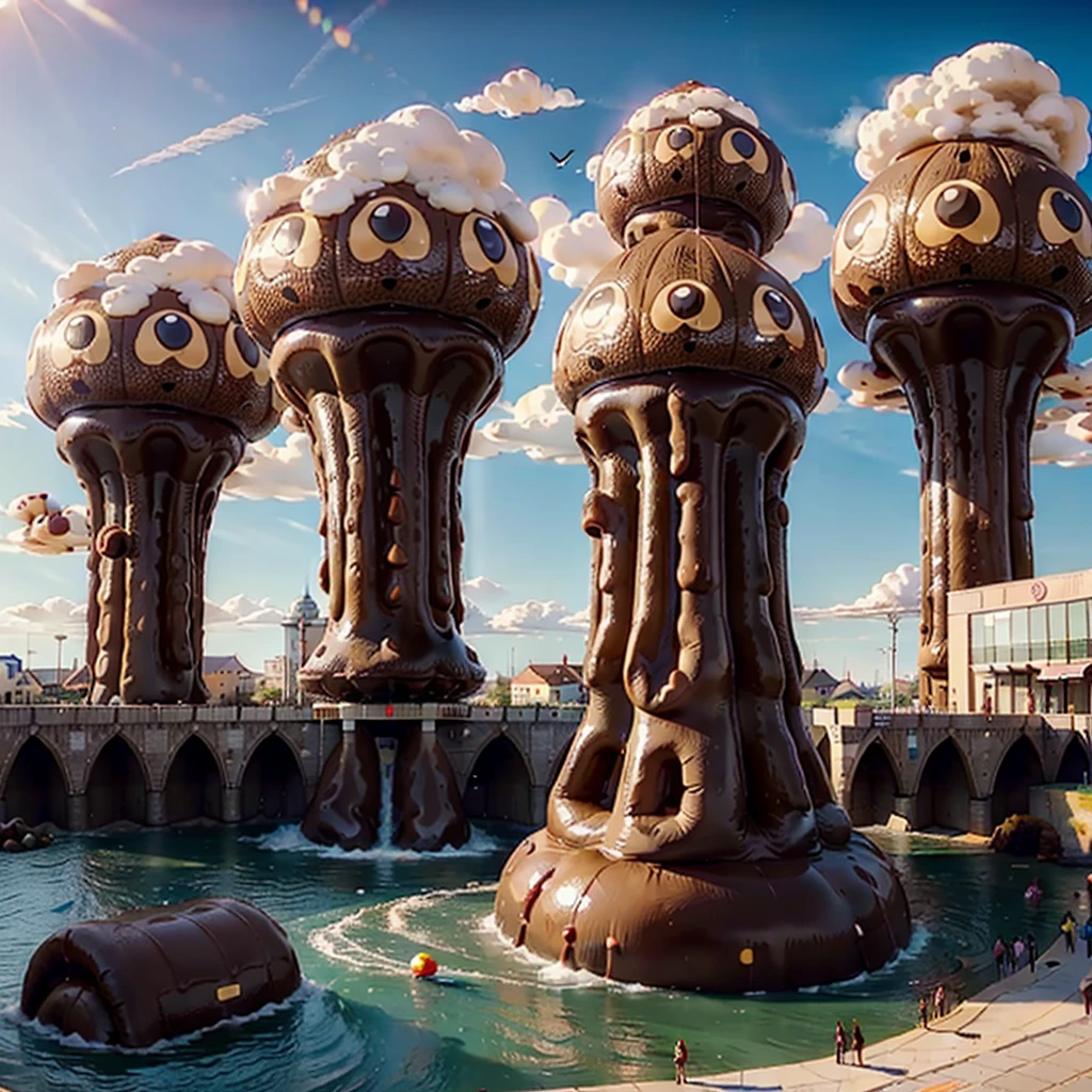 In a tiny town there are gigantic big poop sausages and piles of poop in the middle of the town The gigantic poop towers over every building The big fat plump poop sausage bubblegum bubbles inflate and tower over the whole town Gigantic bubblegum poop bubbles inflate in the small tiny town Gigantic poop floods the town