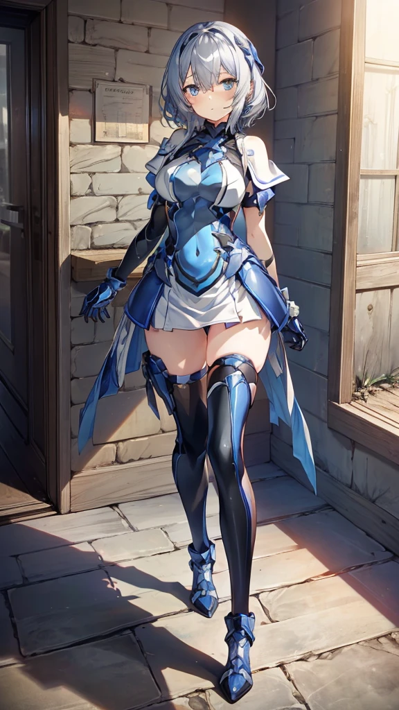 ((full body)), Girls in Anime, Blue and grey metal armor, Blue hand and thigh accessories, Short dark blue-gray hair, hair accessory, Grey Eyes, Silver earrings, nose, Curious, Healthy Skin, Very dirty, head, shoulder, Small box, arms, Have a map, Narrow waist, feet, Medium thighs, Has black robotic legs, cute, Bright colors on the shirt, Futuristic marble white palace, Shining light in the sky, Stand next to a wall, Cinematic Light, High resolution, Highest quality, Super detailed, Detailed face, (Detailed eyes), Highest quality, Super detailed, masterpiece, (Detailed face), Beautiful face, feetを見せて, short hair