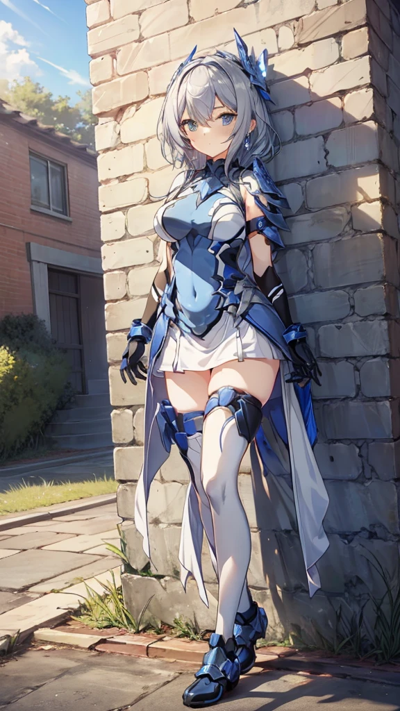 ((full body)), Girls in Anime, Blue and grey metal armor, Blue hand and thigh accessories, Short dark blue-gray hair, hair accessory, Grey Eyes, Silver earrings, nose, Curious, Healthy Skin, Very dirty, head, shoulder, Small box, arms, Have a map, Narrow waist, feet, Medium thighs, Has black robotic legs, cute, Bright colors on the shirt, Futuristic marble white palace, Shining light in the sky, Stand next to a wall, Cinematic Light, High resolution, Highest quality, Super detailed, Detailed face, (Detailed eyes), Highest quality, Super detailed, masterpiece, (Detailed face), Beautiful face, feetを見せて, short hair