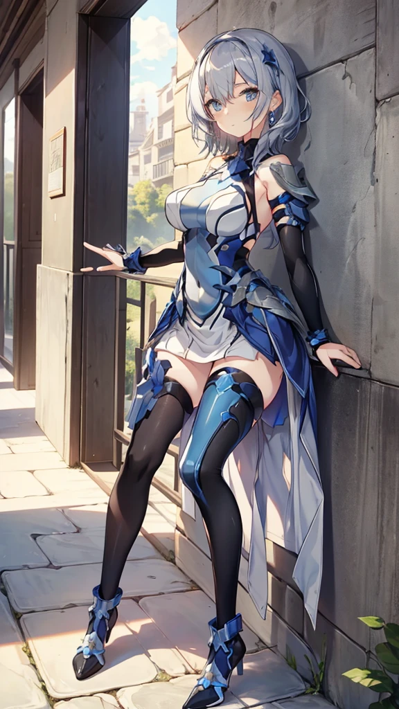 ((full body)),Teenage Girls in Anime, Blue and grey metal armor, Blue hand and thigh accessories, Short dark blue-gray hair, hair accessory, Grey Eyes, Silver earrings, nose, Curious, Healthy Skin, Very dirty, head, shoulder, Small box, arms, Have a map, Narrow waist, feet, Medium thighs, Has black robotic legs, cute, Bright colors on the shirt, Futuristic marble white palace, Shining light in the sky, Stand next to a wall, Cinematic Light, High resolution, Highest quality, Super detailed, Detailed face, (Detailed eyes), Highest quality, Super detailed, masterpiece, (Detailed face), Beautiful face, feetを見せて, short hair