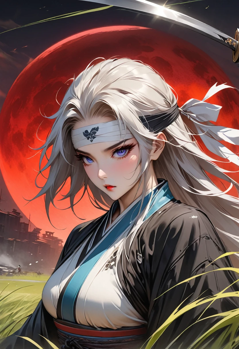 Ninja girl anime from feudal Japan, Super beautiful, (((forehead bandaged))), ((Masterpiece:1.2)), ((Highest quality)), (((Upper body covered))),close up, Holding a katana sword in front of the red moon, urban samurai, Anthem game inspiration, epic picture, Era, Inspired by ESAO, Amazing screensaver, blade of grass, Soft shade, Ian Callum •, love of wisdom, clean graphic design, exit: Jansen River, Great character