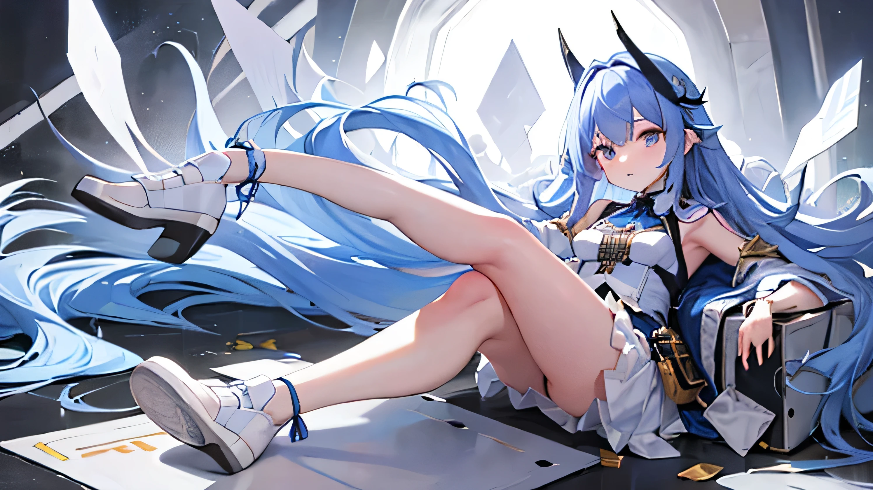 and the other with a white skirt and a white shirt with blue details, they all have long hair