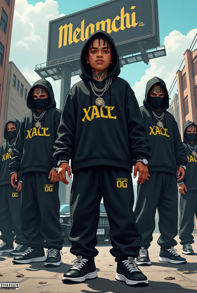 Group of boys leading by one boy with braid hair, ash colour, everyone wearing black hoodie, black joggers and nike jordan shoes, ski mask, hiphop necklace and ice watch on hand, tattoos, expensive car behind them, MELAMCHI written on big billboard, armed, XACE THE OG written on everyones hoodie, realistic, street gang type, graffiti, everyones face covered with ski mask, smoking, knuckle on hand, 