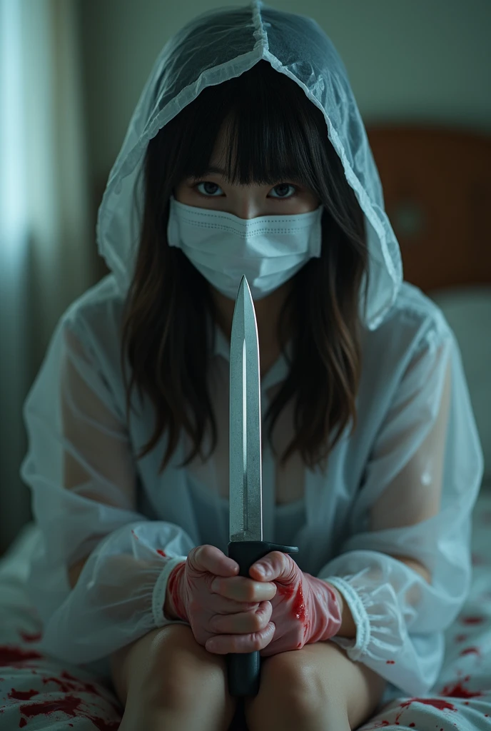 korean girl, (behind stiff, holding knife), surgical mask, latex gloves, bloody room, transparent raincoat, hood up, holding knife, latex gloves, plump girl, behind cadaver, blood splatter, bed room, looking at viewer, mass murderer, killer, long bangs, blood splatter, atmospheric realistic, light from the window, close-up,
