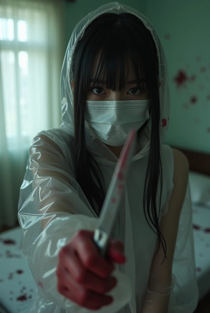 korean girl, (behind corpse, holding knife), surgical mask, latex gloves, room full of blood, transparent raincoat, hood up, holding knife, latex gloves, plump girl, behind corpse, blood splatter, on the bed, looking at viewer, mass murderer, killer, long bangs, blood splatter, dark atmosphere, cinematic lighting, atmospheric realistic, light from the window, close-up,
