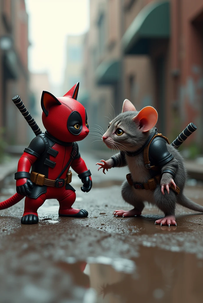 Make realistic image of cat and rat in deadpool suit