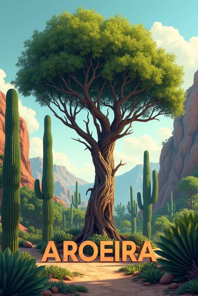 the image of a Mastic Tree (typical plant of the northeast) No fundo, with a landscape that brings elements of the northeastern hinterland such as cacti, mandacarus, and the word AROEIRA highlighted in the middle in capital letters. It could be one more image as it is for a 3rd year class