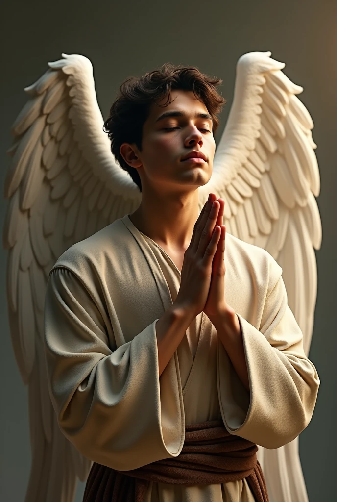 (photorealism:1.2), (8) A young man praying and an angel standing behind him