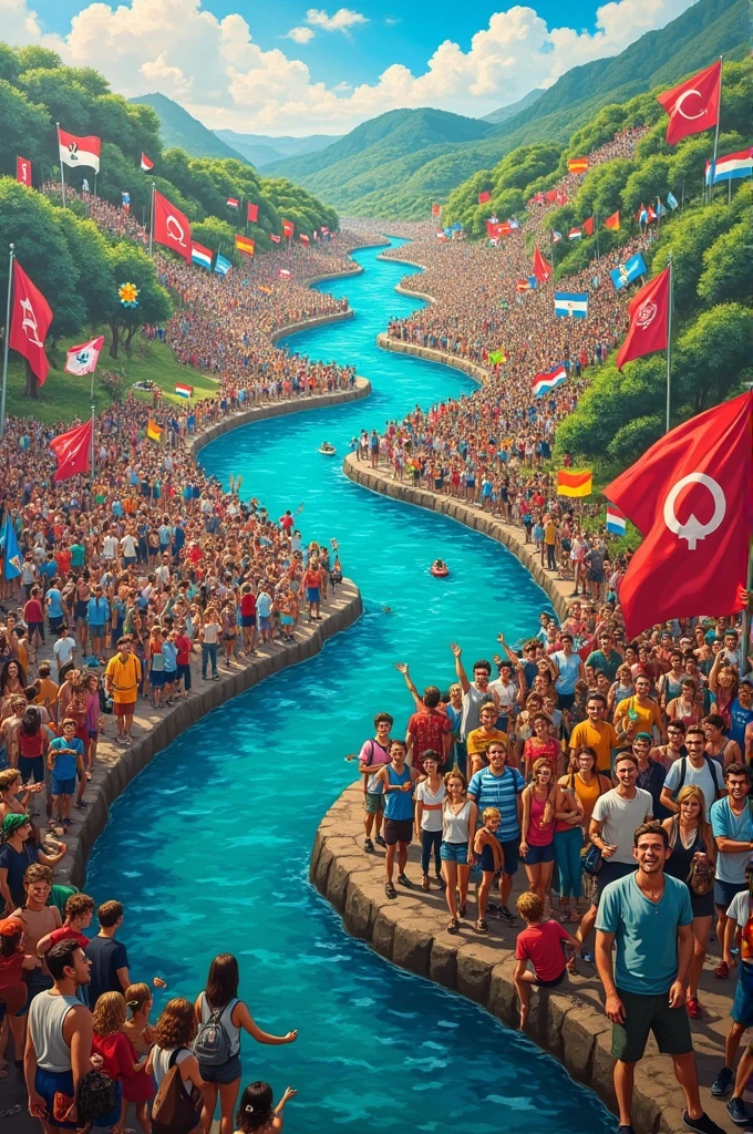 Mural with a map of the Navarra riverbank in the middle, Basque atmosphere and diverse and happy people. Colourful and with protest flags.