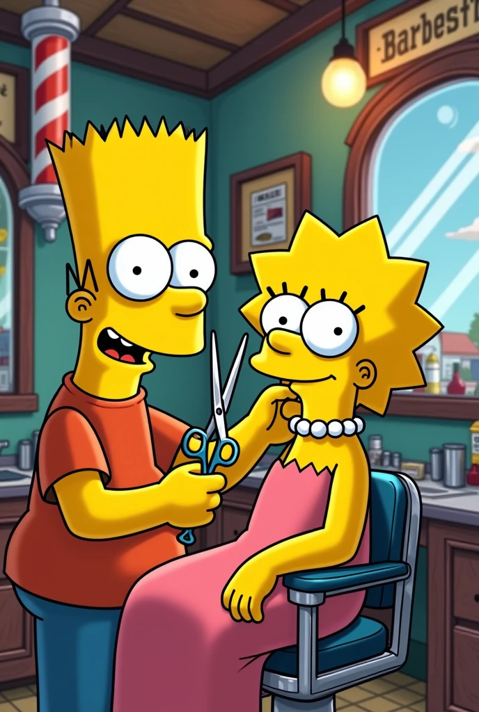 Bart Simpson being a barber cutting Lisa Simpson's hair
