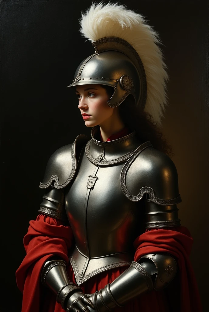 masterpiece, Baroque, high contrast, realism, Black background, rembrant painting style, Woman in armor, and metal helmet with feather, very bright, a lot of detail, old painting style, Baroque, oil painting,