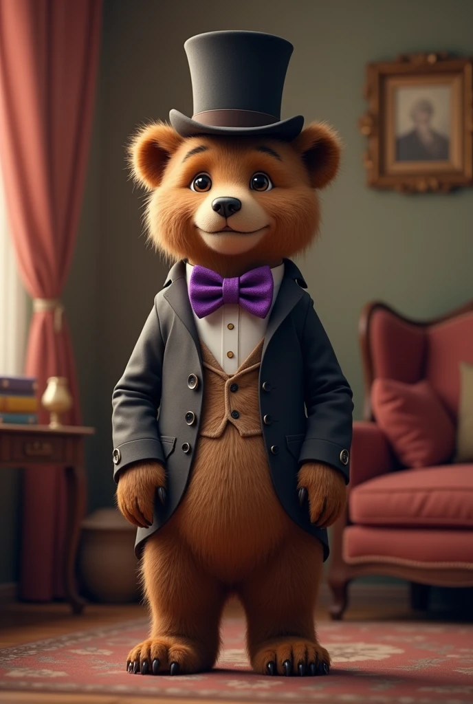 A bear wearing a purple bow tie and a tophat
 