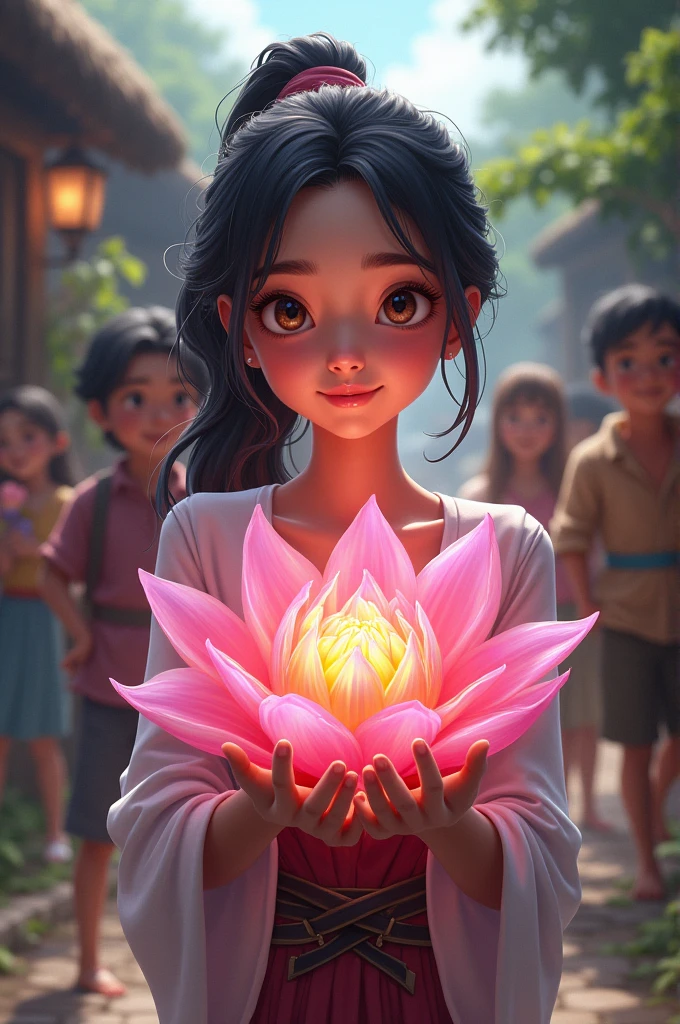 "A named Rina holds a magical, colorful flower in a small village. The flower is radiant and vivid. Villagers stand around her smiling. The background shows a charming, natural village scene."