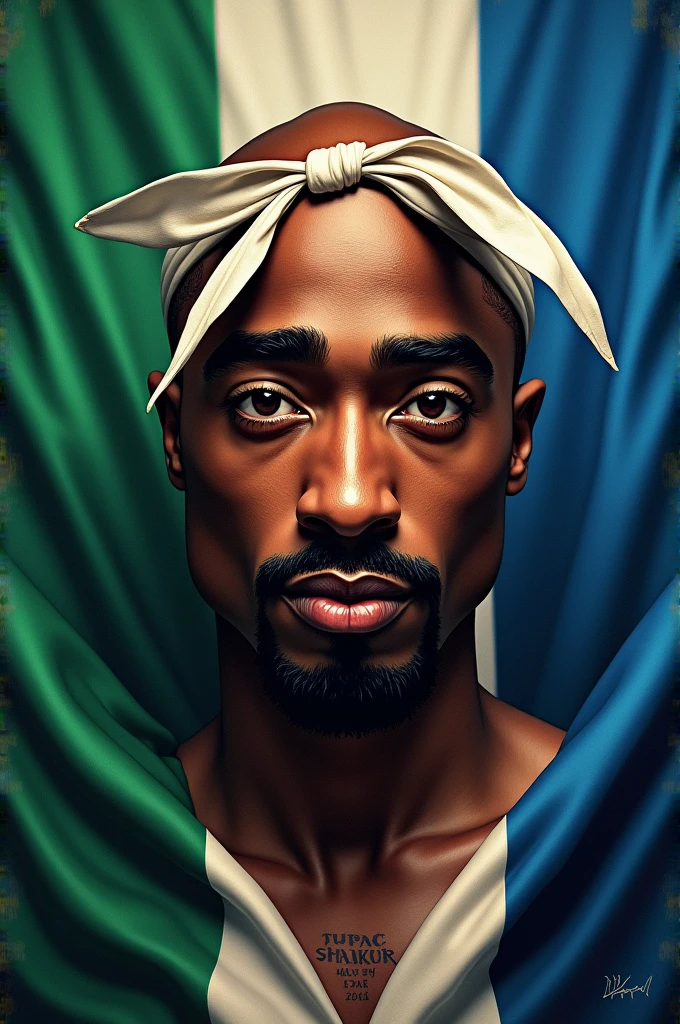 2pac on a green white and blue strip flag background 