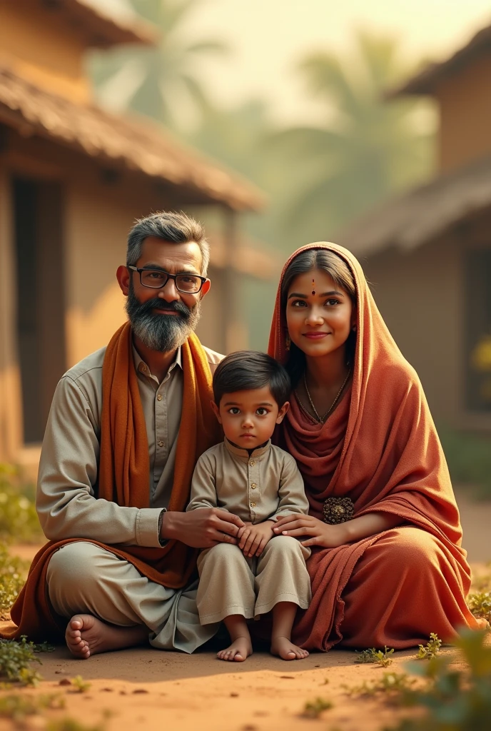 Village style joint family which actual look like the real humans, sunlight in background and small plants all are wearing cloths degnified ,all are sitting together - high resolution