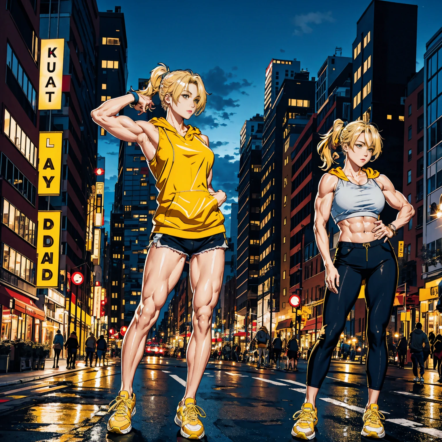 Manhattan at night, Dancing in the city centre,woman, woman1人, Tank top, Wear a hoodie, Yellow sneakers, blonde, ponytail, Beautiful Face, Complete human body structure, Muscular Abs, Slightly muscular arms, slightly muscular legs, Large breasts