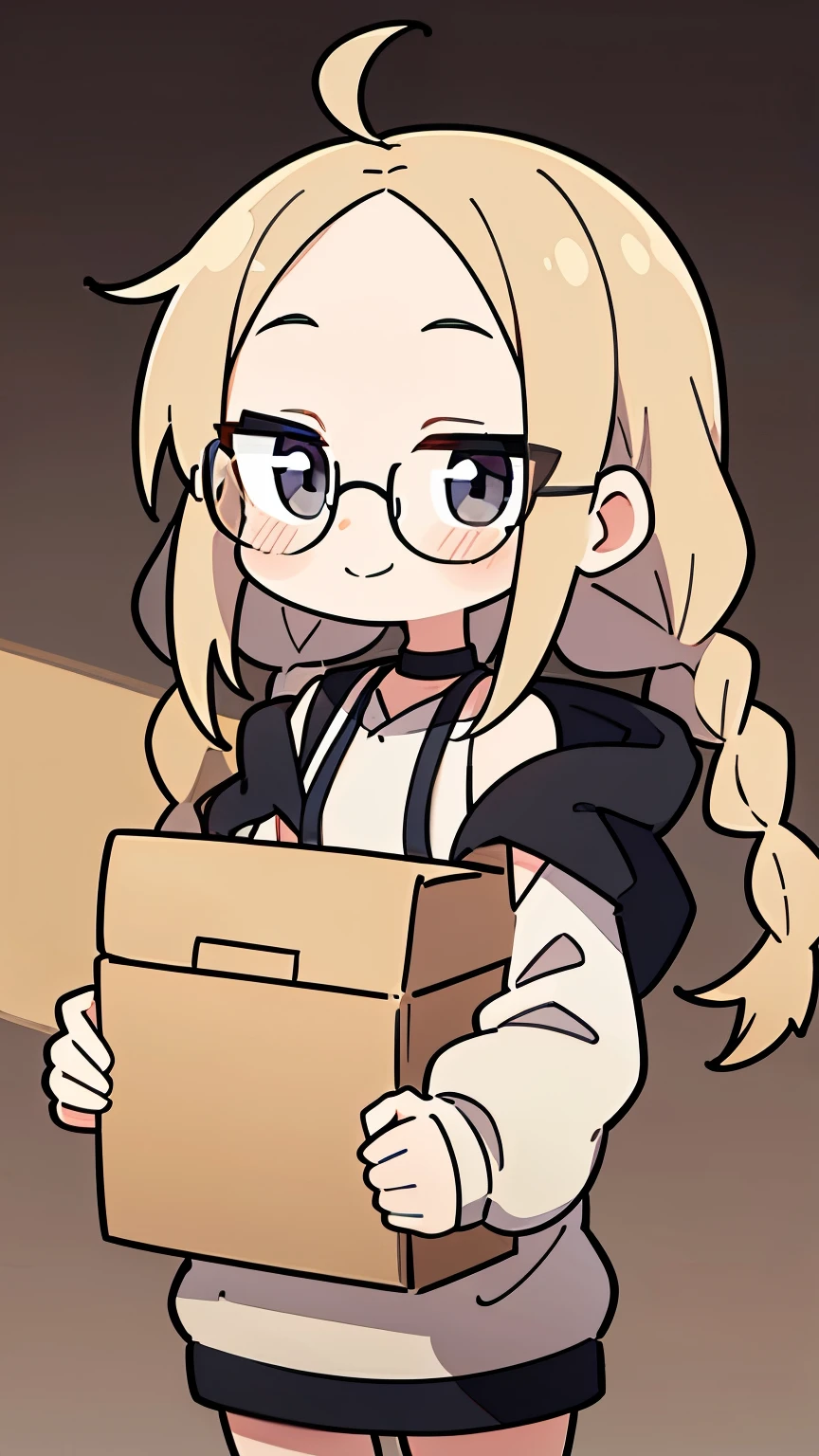 Beige hair color, center parted bangs, forehead exposed, no hair on the sides of the face, large glasses, black sleeveless hoodie, bob hair with reduced volume, long braids on both sides from the nape of the neck to below the chest, holding a large cardboard box with materials in both hands, gray eyes, shy smile, choker, adult woman, blushing cheeks, beautiful, black sleeveless hoodie, chibi character